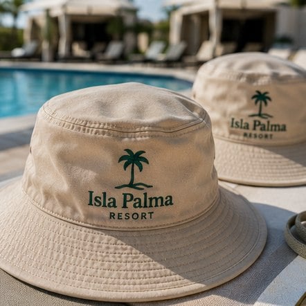 Branded sun hats on a resort pool deck