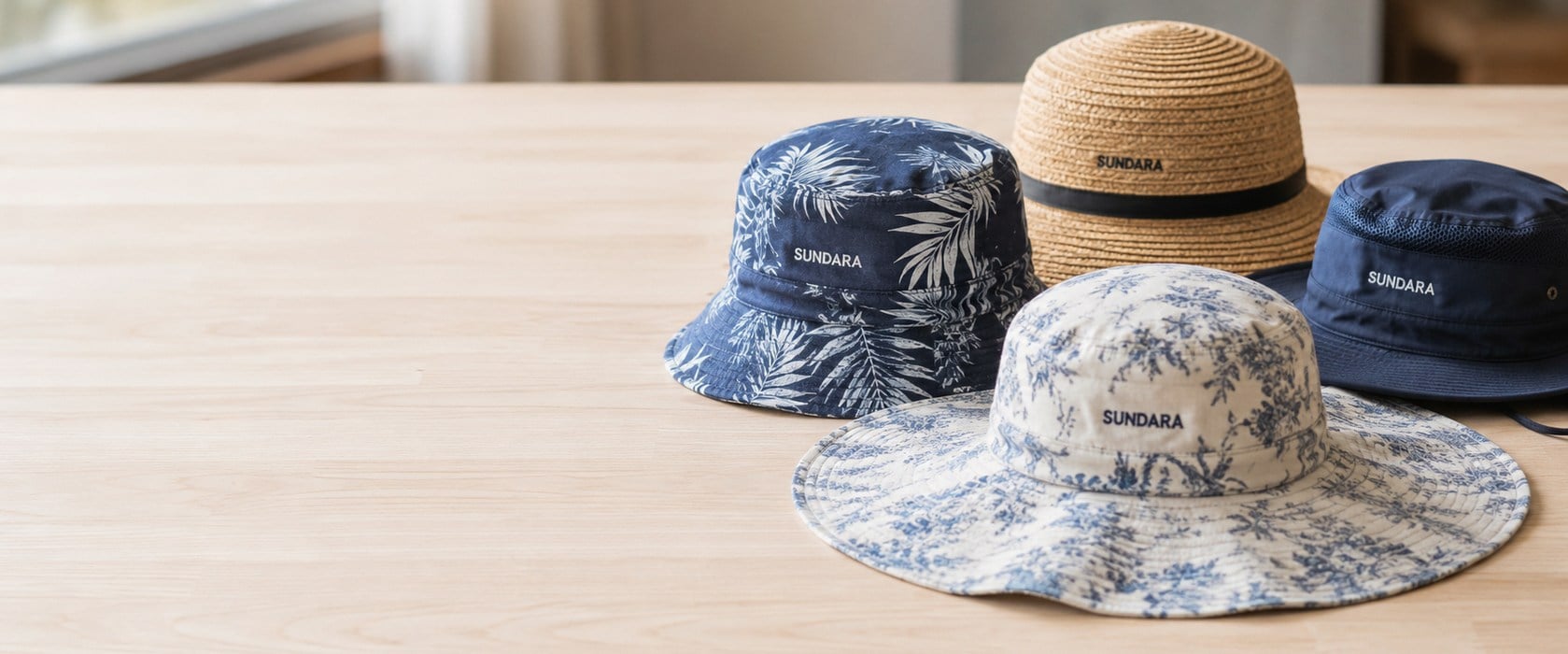 Custom printed sun hats with logo stacked on a wooden table