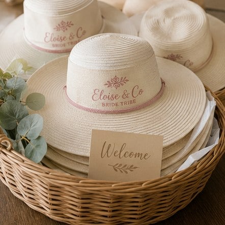 Personalized wedding sun hats in a welcome basket