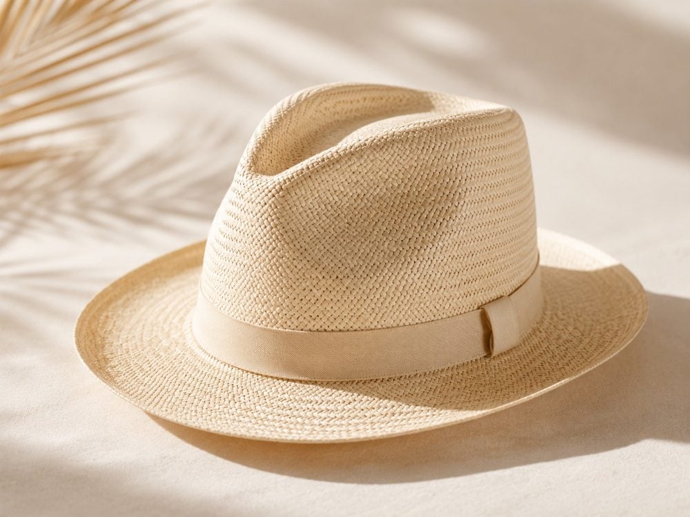 Custom straw Panama sun hat with woven brand label