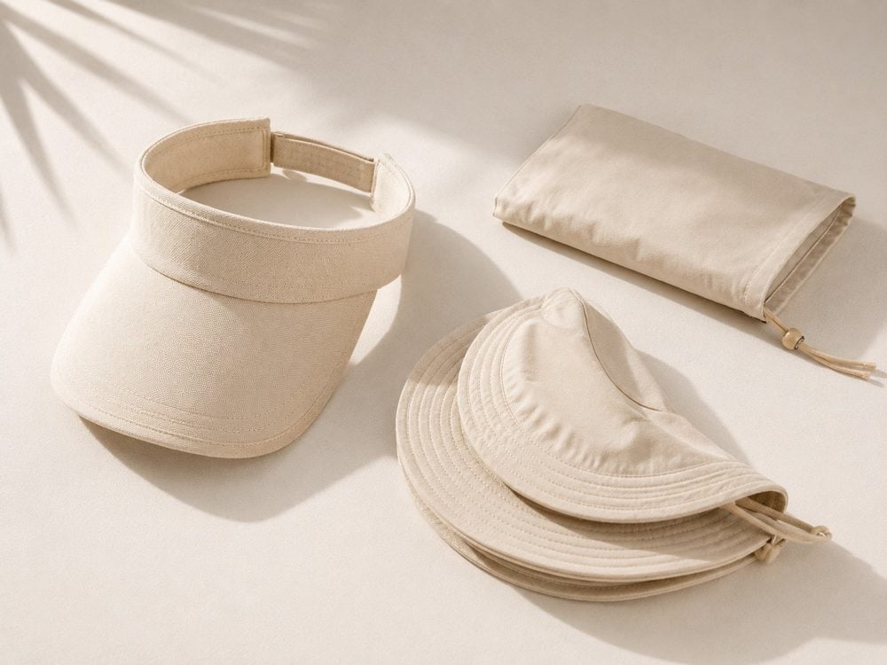 Custom visor and packable travel sun hats in multiple colors