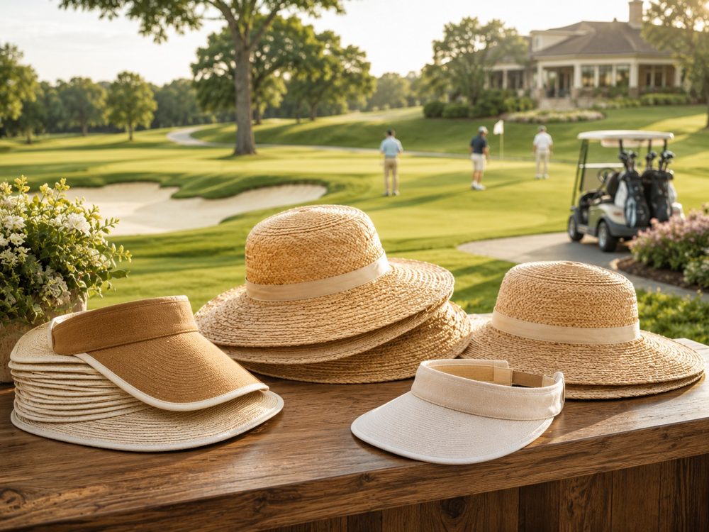 Embroidered sun hats and visors for a golf and country club
