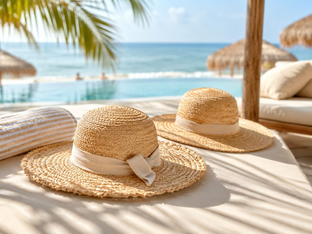 Branded sun hats for a resort pool and beach club