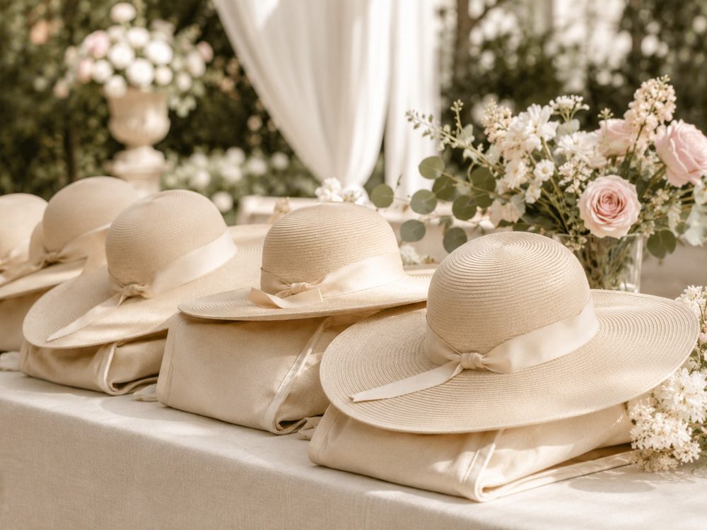Custom wide-brim sun hats as wedding welcome-bag favors